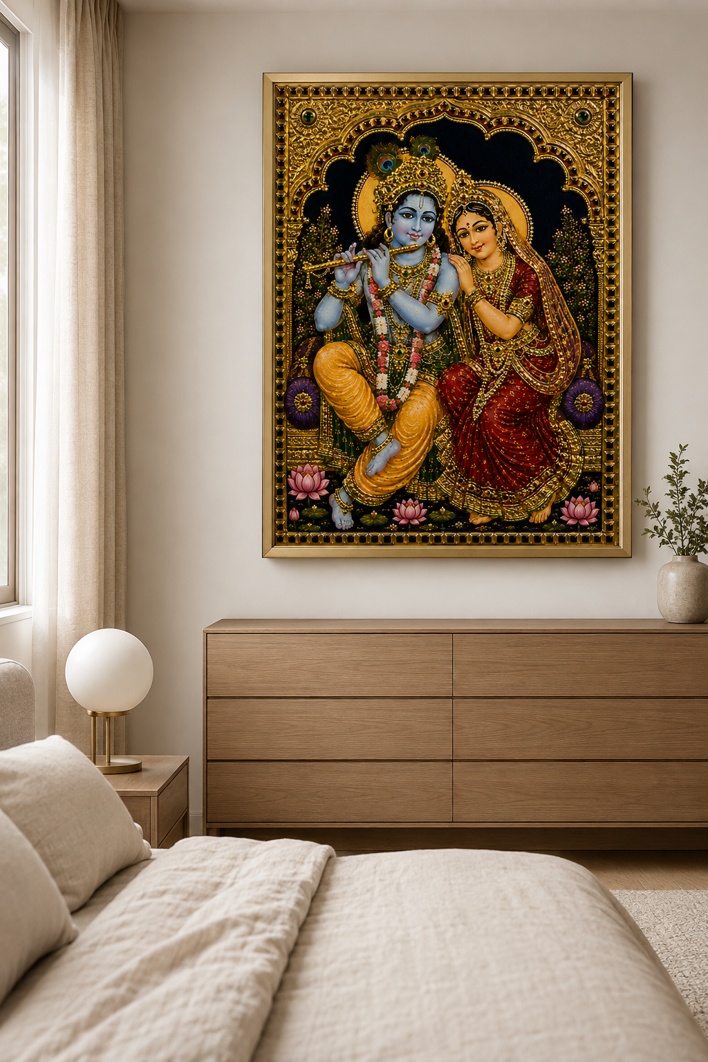 Radha Krishna Tanjore wall art framed as the centrepiece of a warm neutral bedroom, its black and gold Tanjore palette glowing in soft daylight