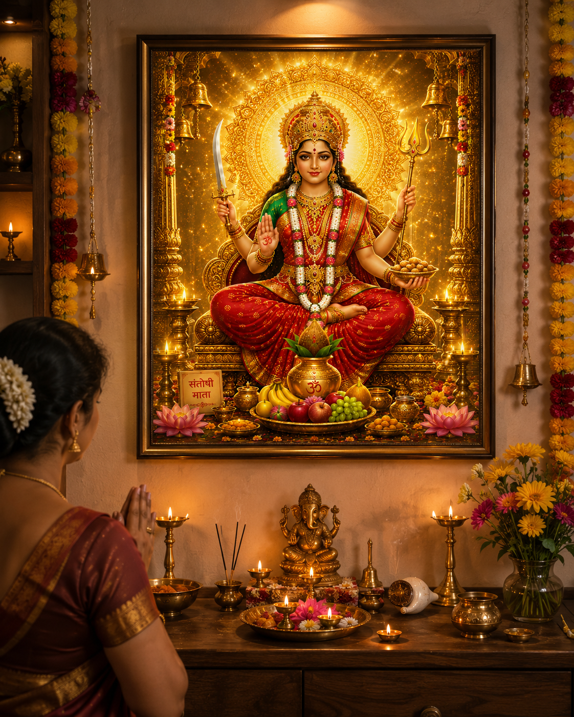 Santoshi Ma wall art displayed in a home puja room, framed above a lamp-lit Friday vrat altar with a devotee in prayer