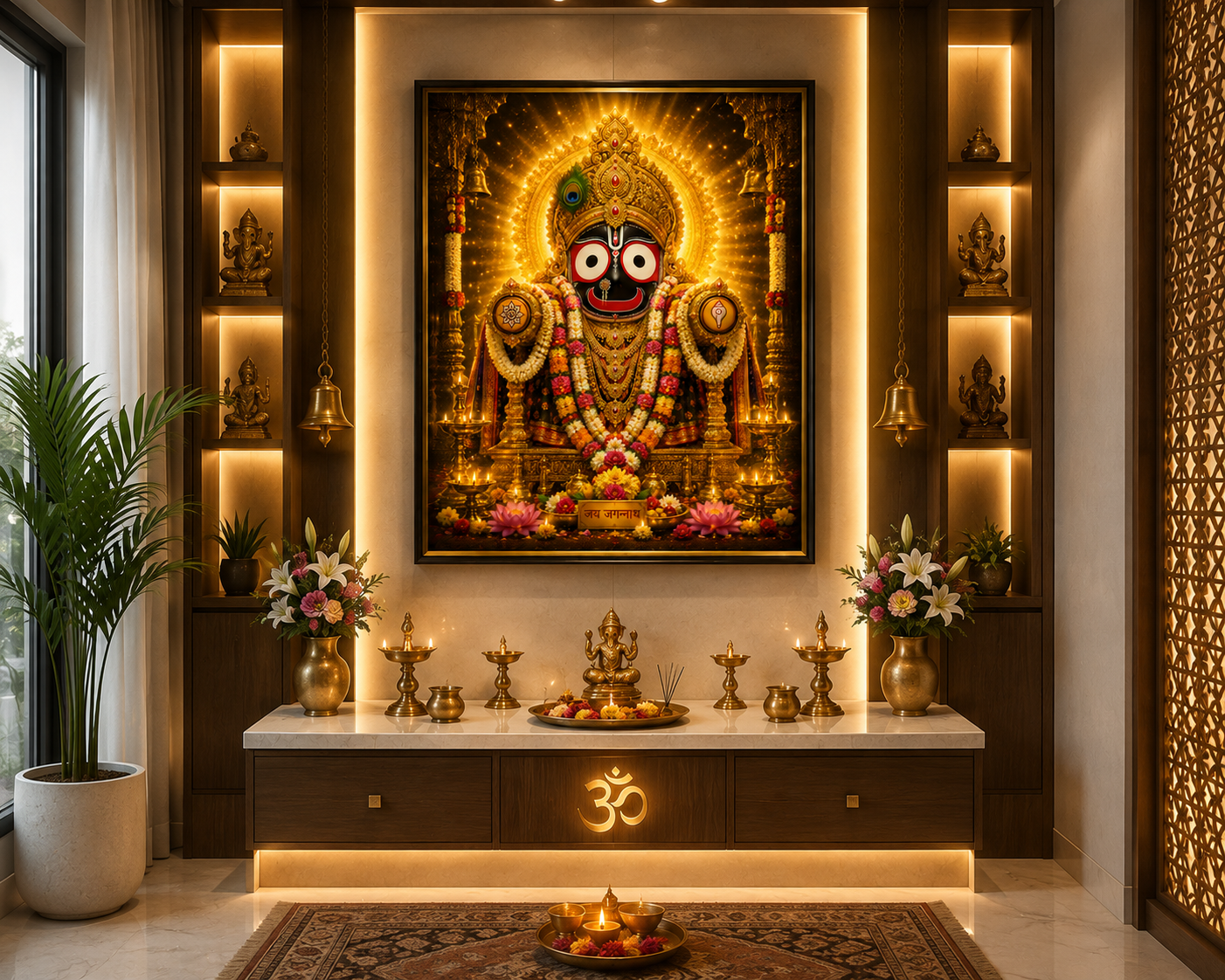 Lord Jagannatha wall art displayed in a home puja room, framed above a lamp-lit altar with brass diyas and flowers