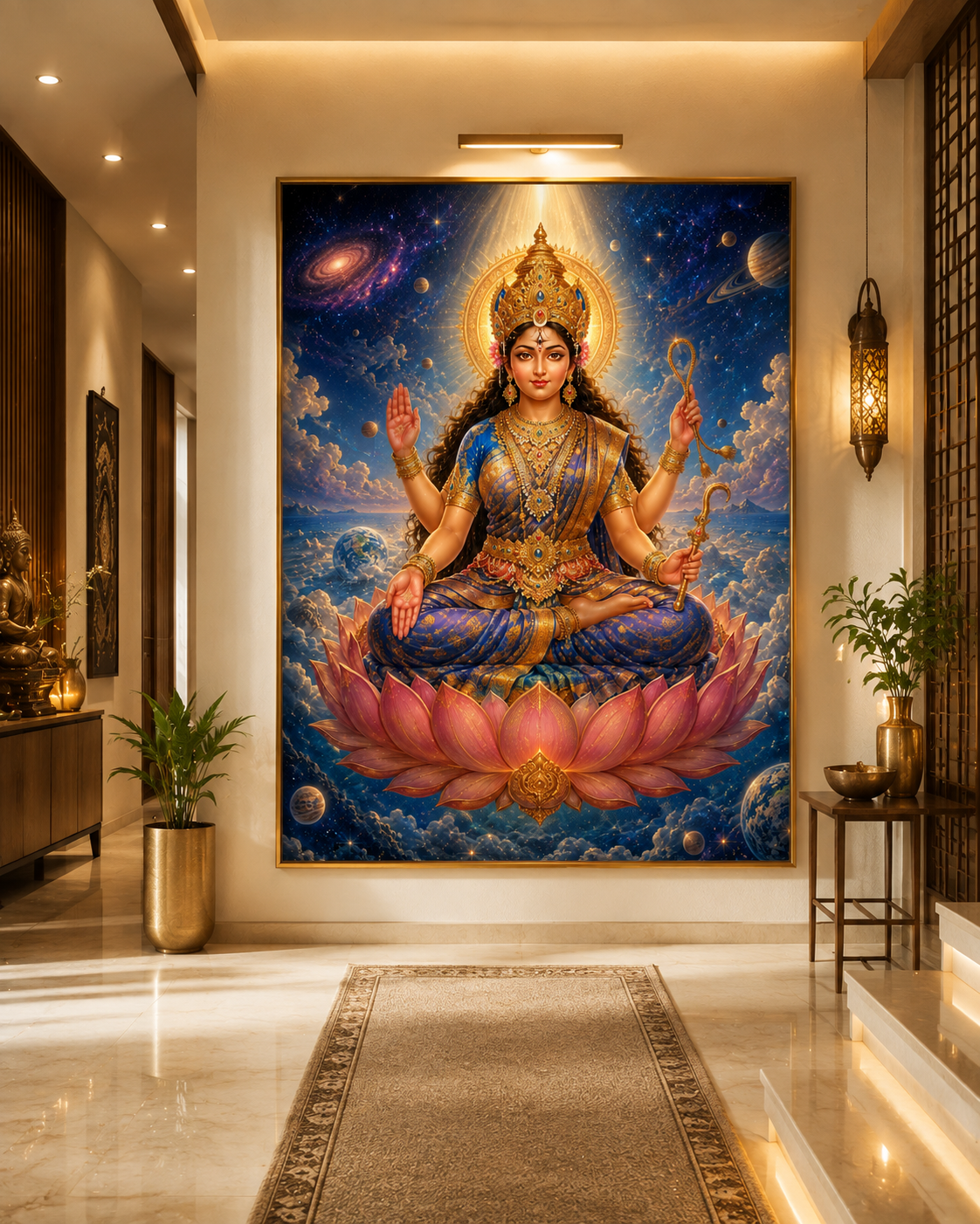Maa Bhuvaneshvari wall art displayed on a large entrance hallway wall as a statement piece, the cosmic blue and rose-gold palette lit by a warm picture light
