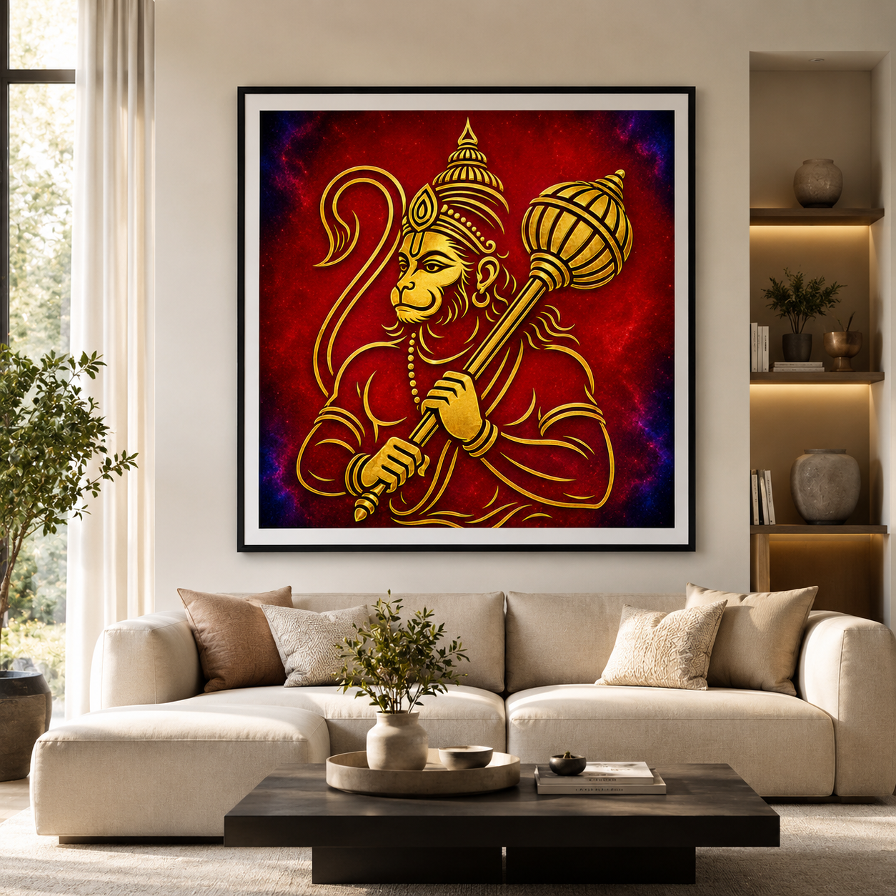 Hanuman minimalist gold line art in a dark frame on a light wall in a contemporary living space