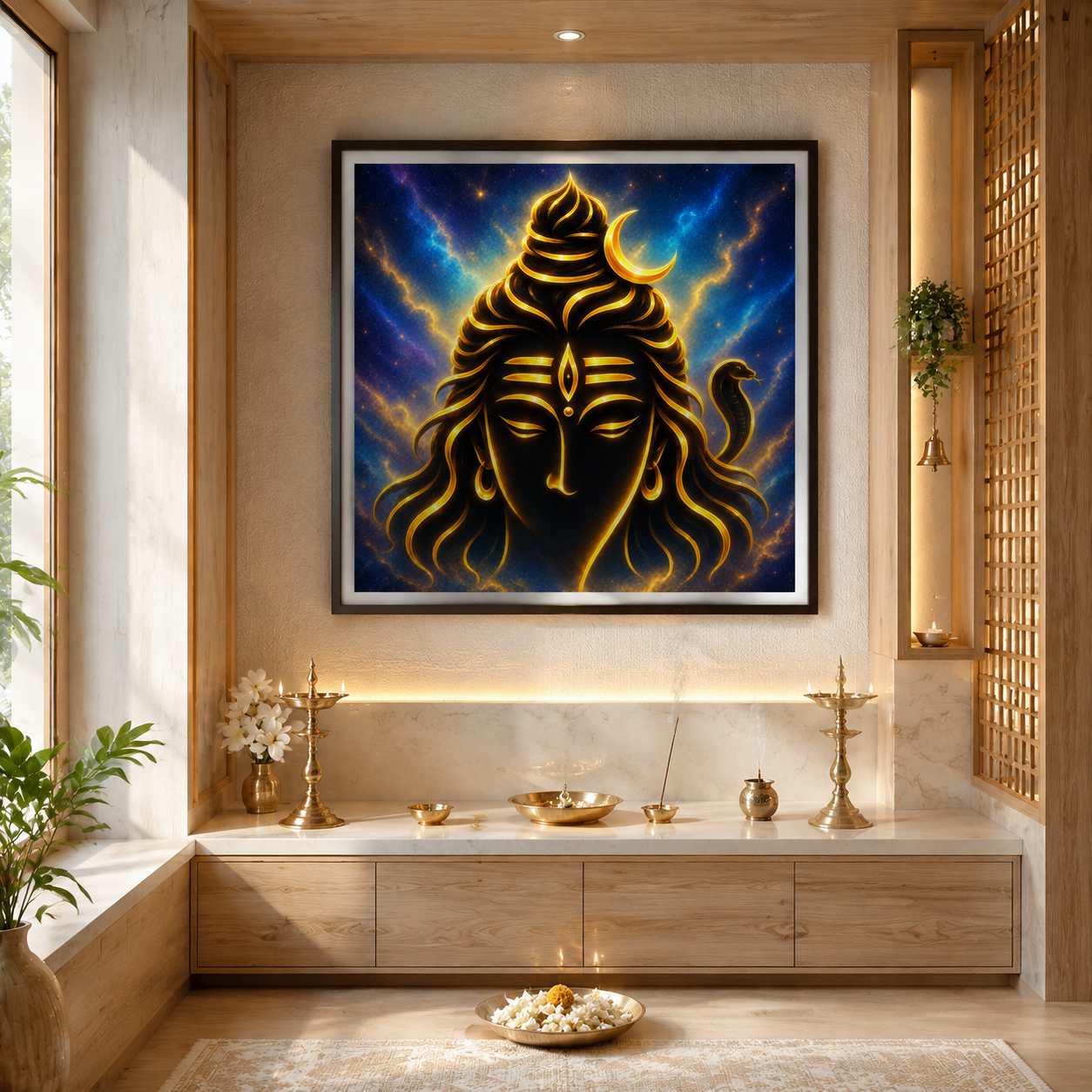 Lord Shiva Mahadev minimalist gold line art framed above a home puja altar with brass lamps and flowers