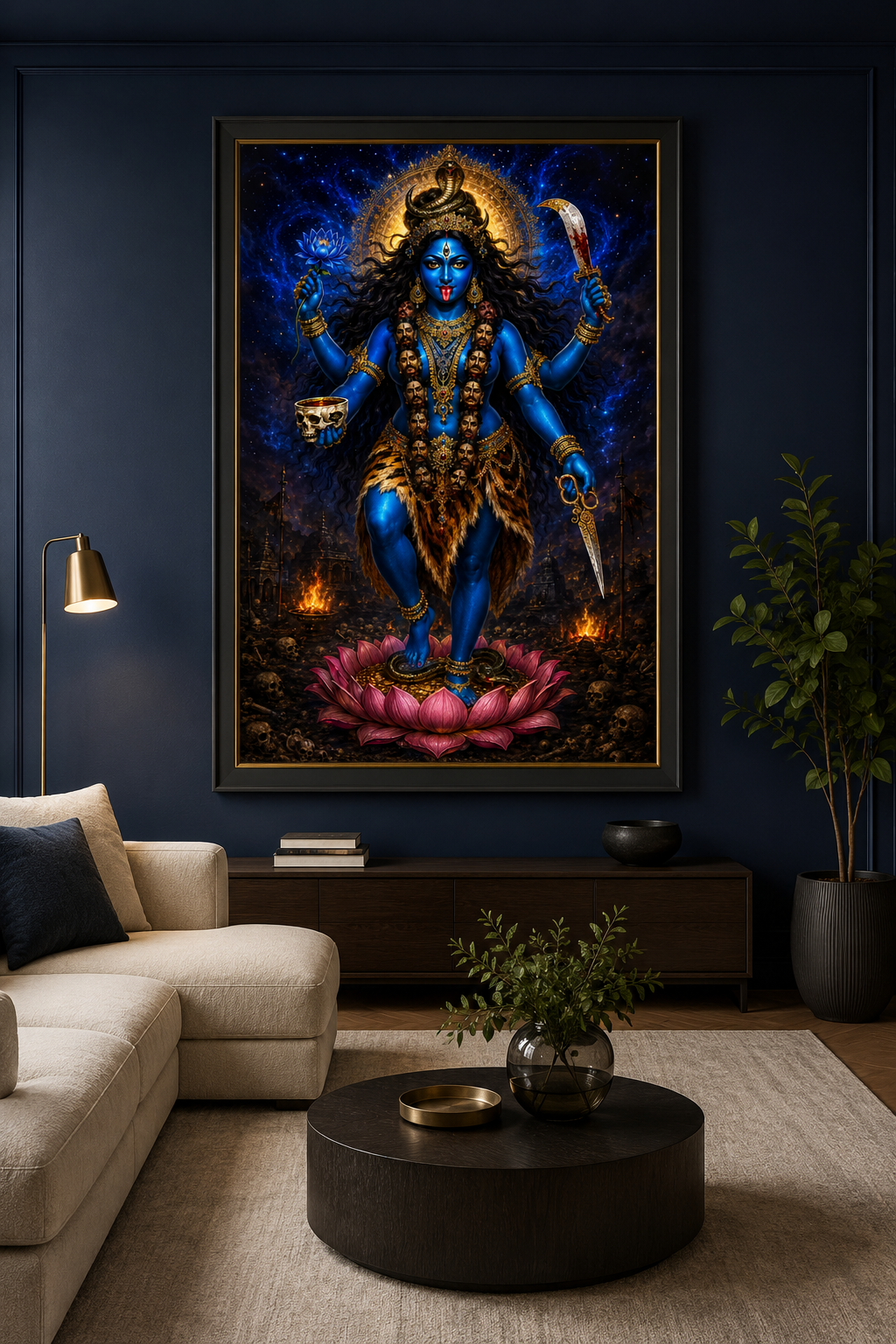 Maa Tara wall art framed in a dedicated meditation room on a deep blue wall, its cosmic blue and sacred-fire palette reading clearly in soft lamplight