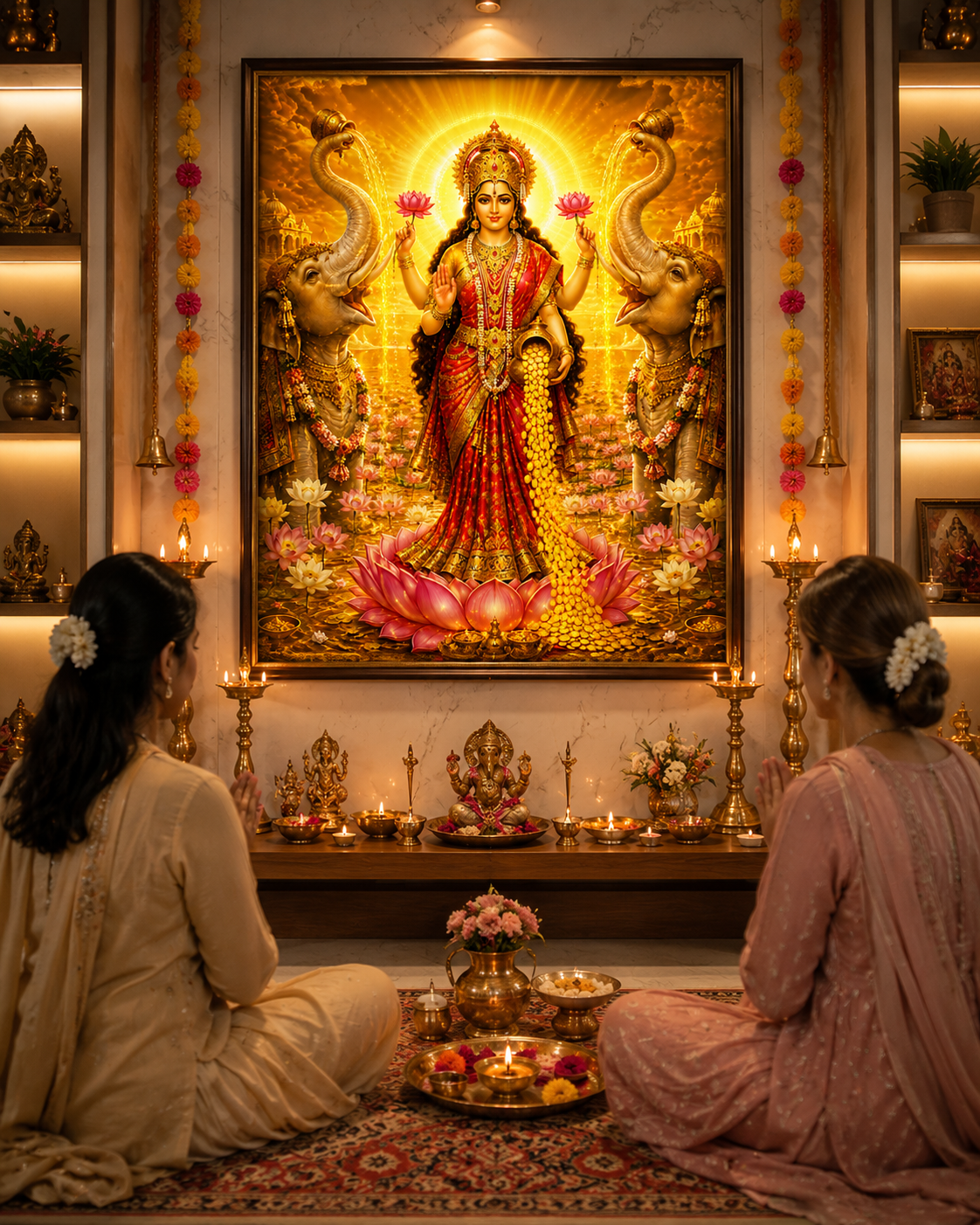 Maa Lakshmi Goddess wall art displayed in a home puja room, framed above a lamp-lit altar with two devotees in prayer