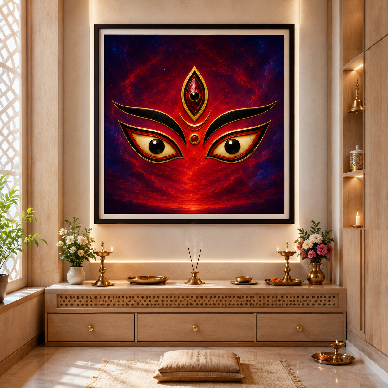 Goddess Durga minimalist gold line art framed above a home puja altar with brass lamps, incense, and flowers