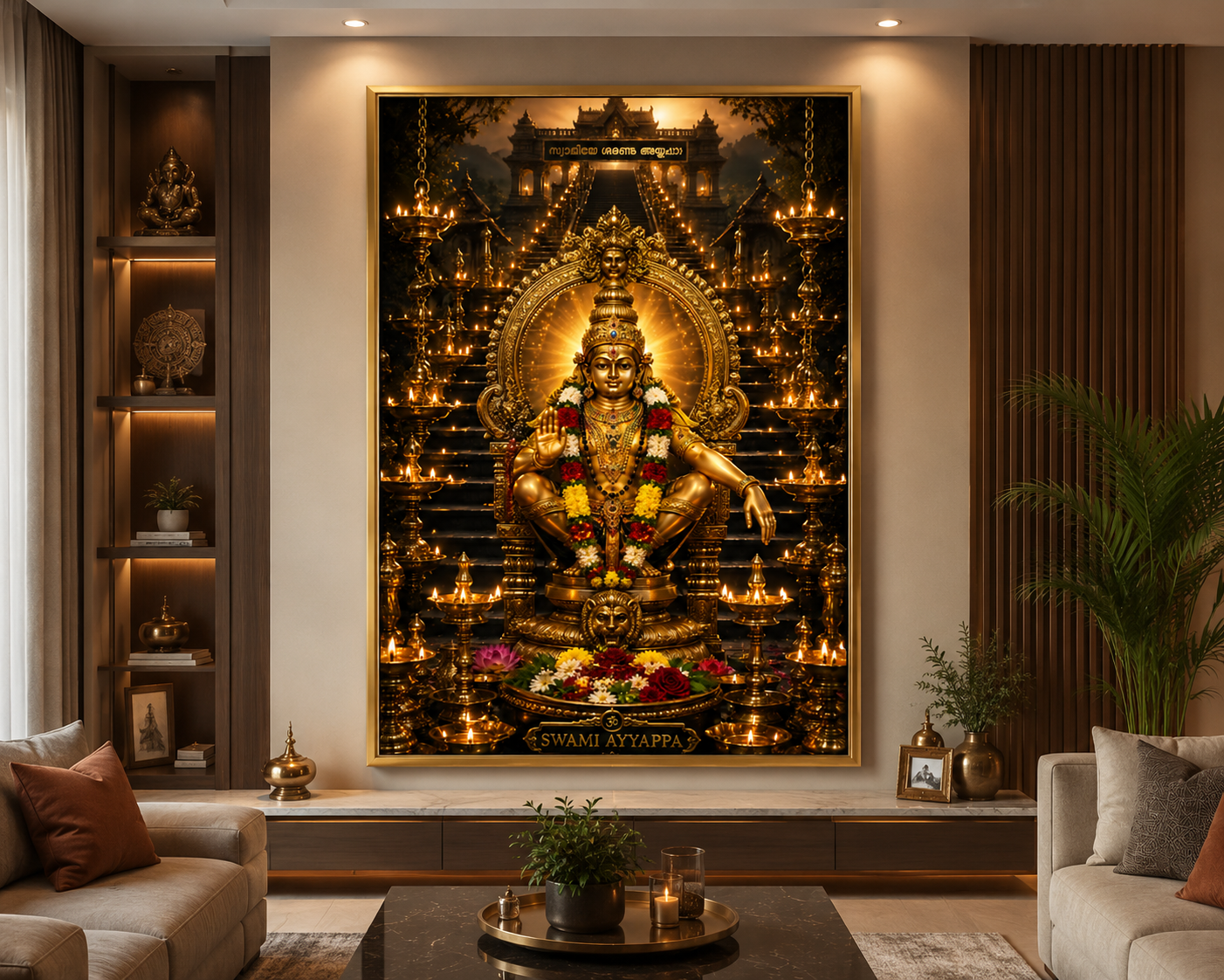 Ayyappa Swamy wall art displayed in a warm South Indian living room interior, the golden lamp-lit palette framed above a console with brass vessels