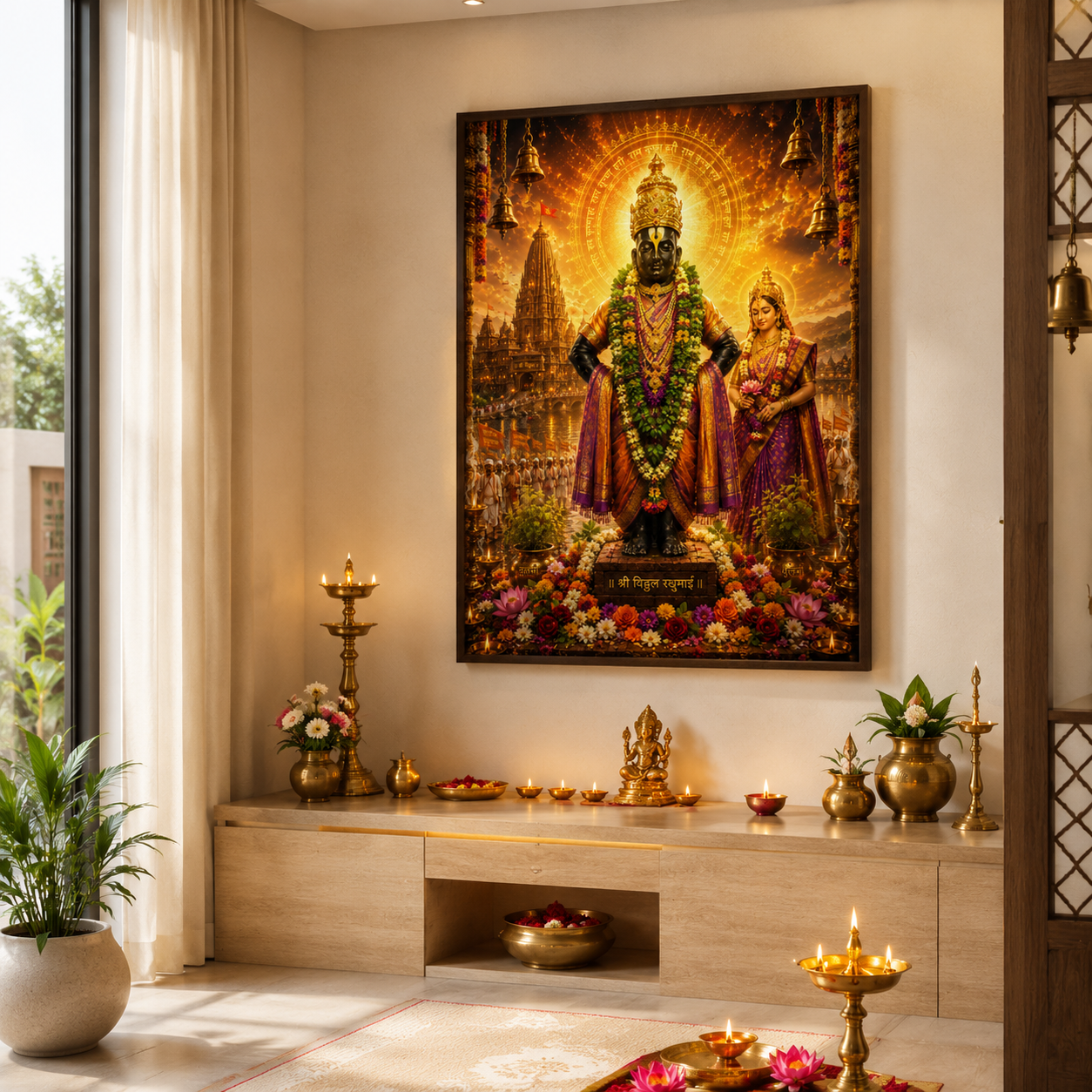 Vitthal Rukmini wall art printed and framed in a Maharashtrian puja room, hung above a stone altar with brass lamps, flowers and lit diyas