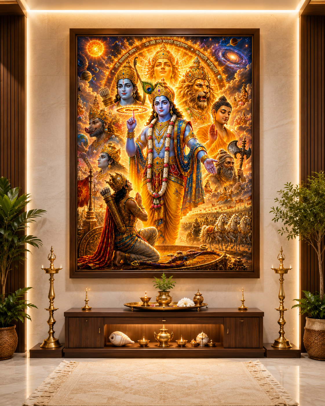 Dashavatara wall art framed in a Vaishnava puja room as the complete altar image, above a wooden altar console with tall brass lamps, conch and puja vessels