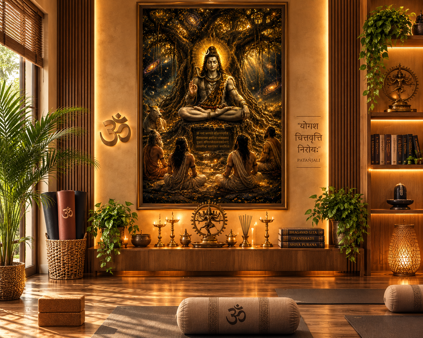 Dakshinamurti Shiva wall art displayed in a yoga and Vedanta practice room, framed above a low altar of brass lamps with mats and bolsters below