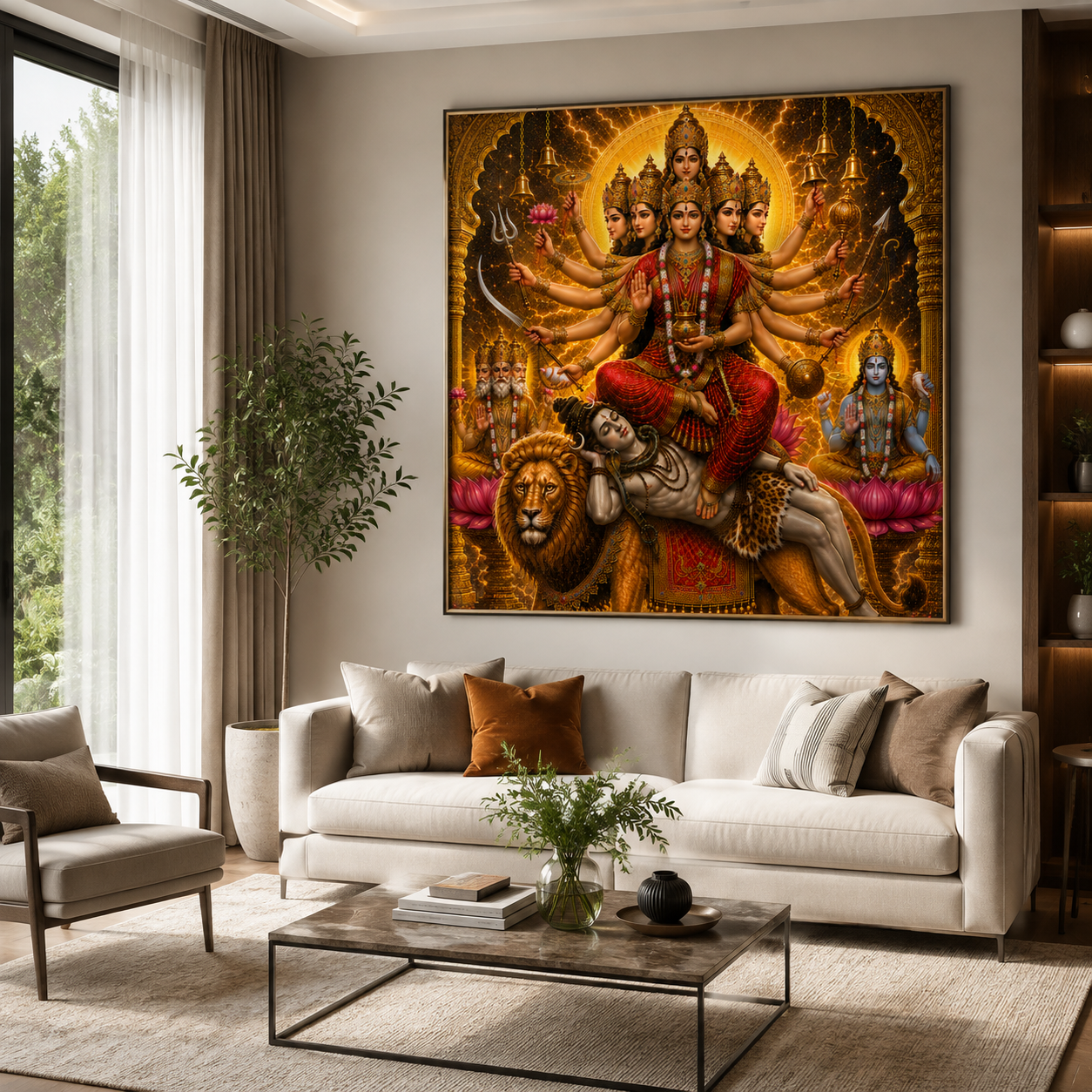 Kamakhya Devi wall art framed on a warm-toned living room wall above a cream sofa, the crimson and gold palette working as a powerful devotional statement