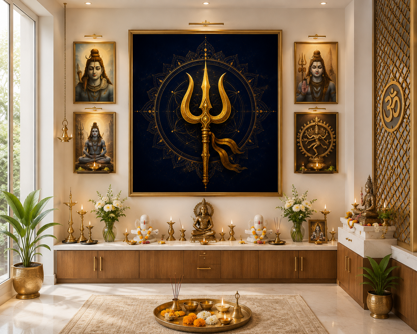 Trishul Mandala wall art framed in a bright puja room alongside Shiva Meditation and Nataraja prints