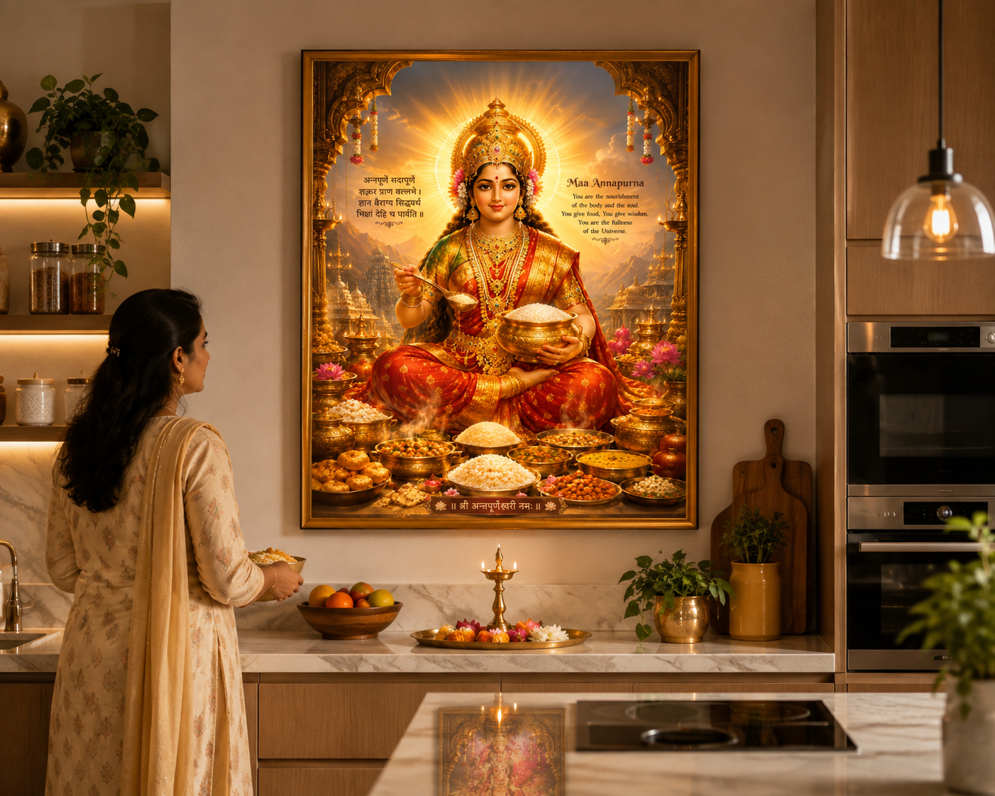 Maa Annapurna wall art displayed in a warm modern kitchen, framed above the counter beside a lit brass lamp and flower thali — the goddess's traditional home