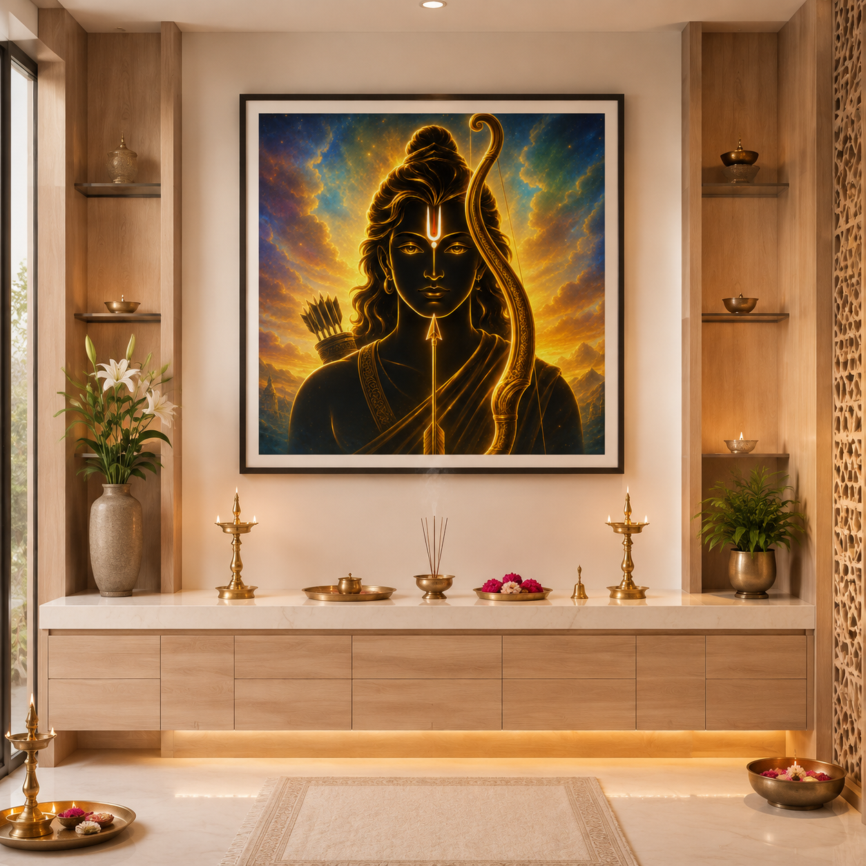 Lord Rama minimalist gold line art framed above a home puja altar with brass lamps and flowers